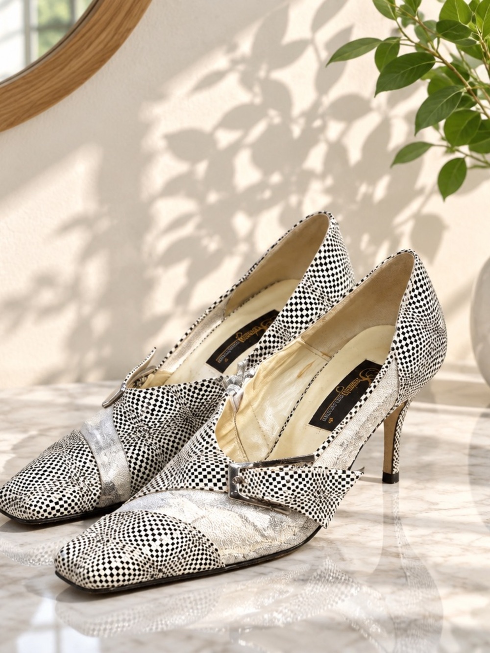 Pointed Toe Black & White Patterned Mid-Heel Pumps